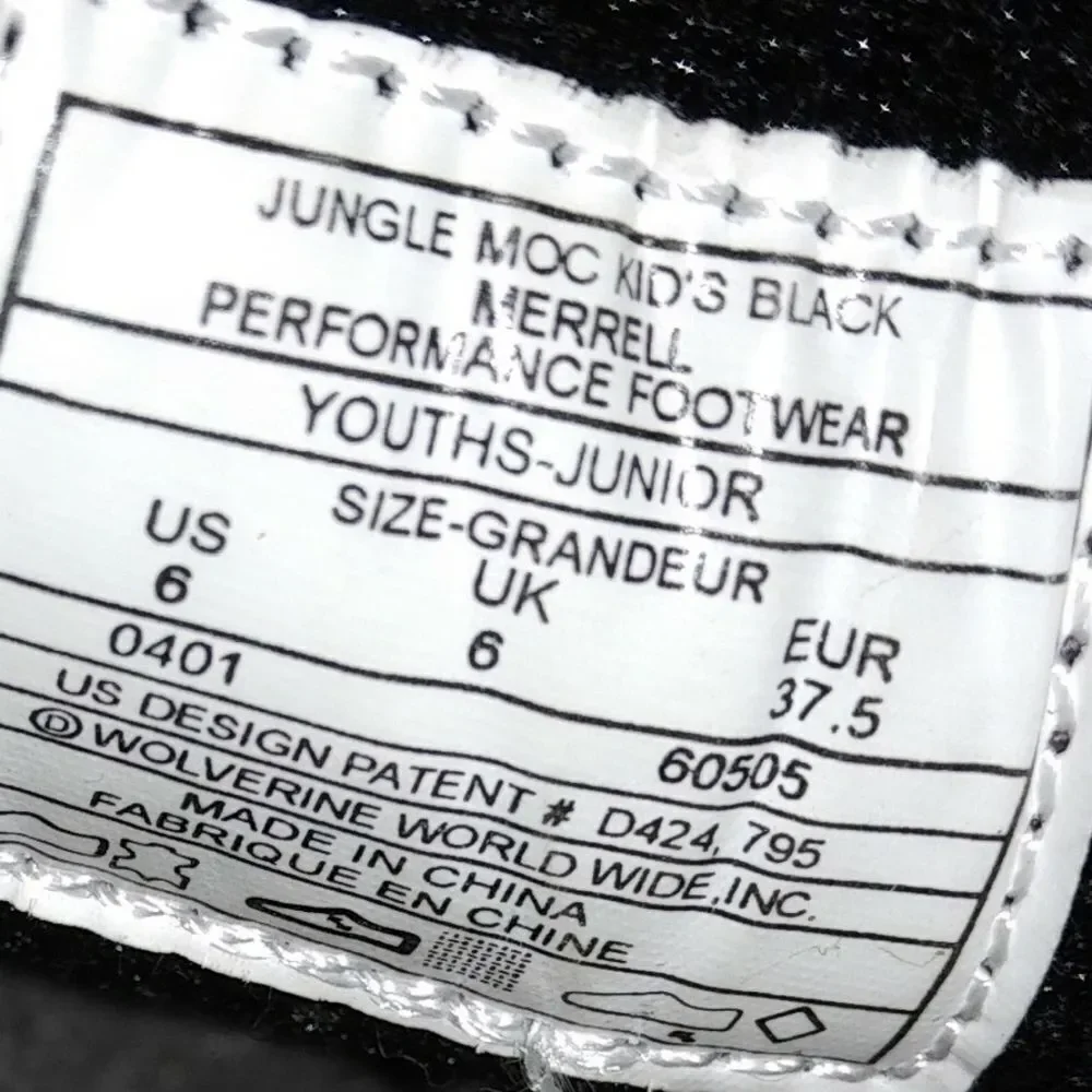 Merrell Black Jungle Moccasins ‎ Youth Juniors Size 6